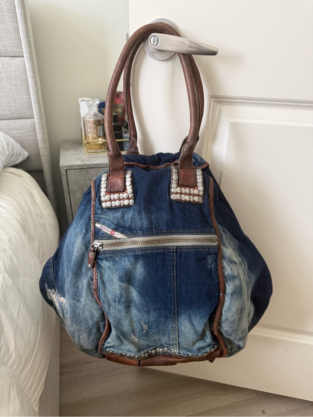 Diesel Distressed Blue Denim Shoulder Bag with Brown Leather Handles